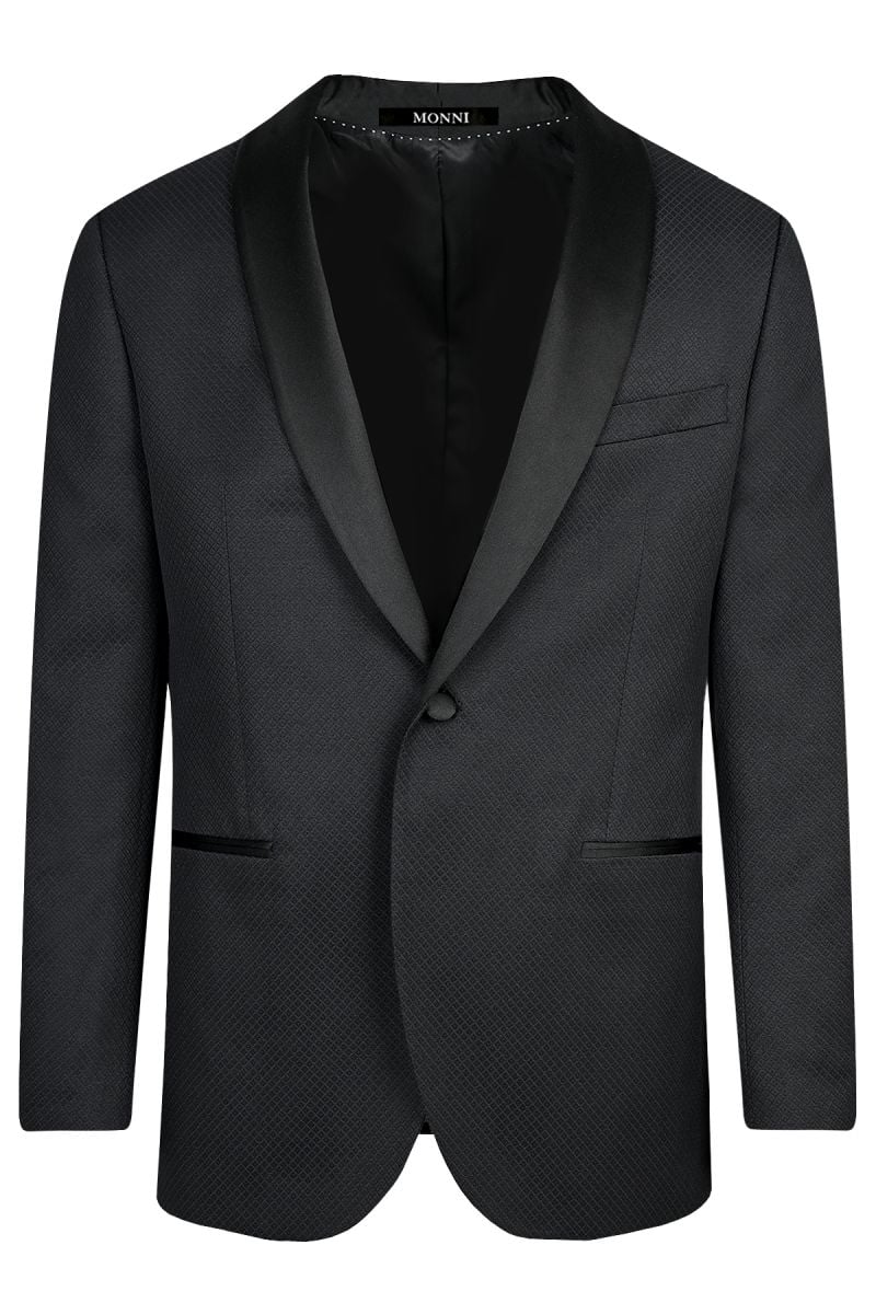 Мъжки официален костюм с шал яка в ситни черни карета