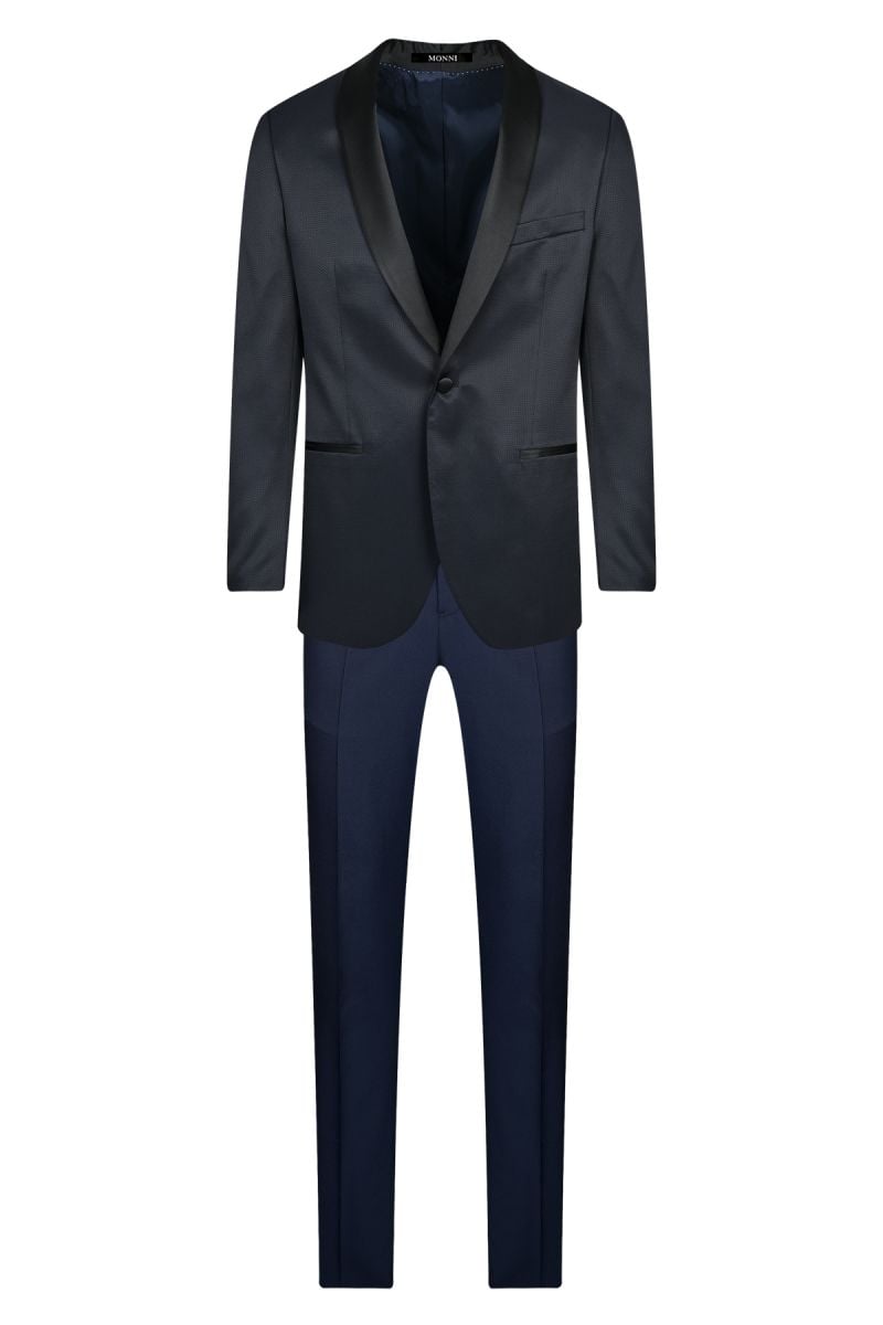 Мъжки официален костюм с шал яка в ситни тъмносини карета