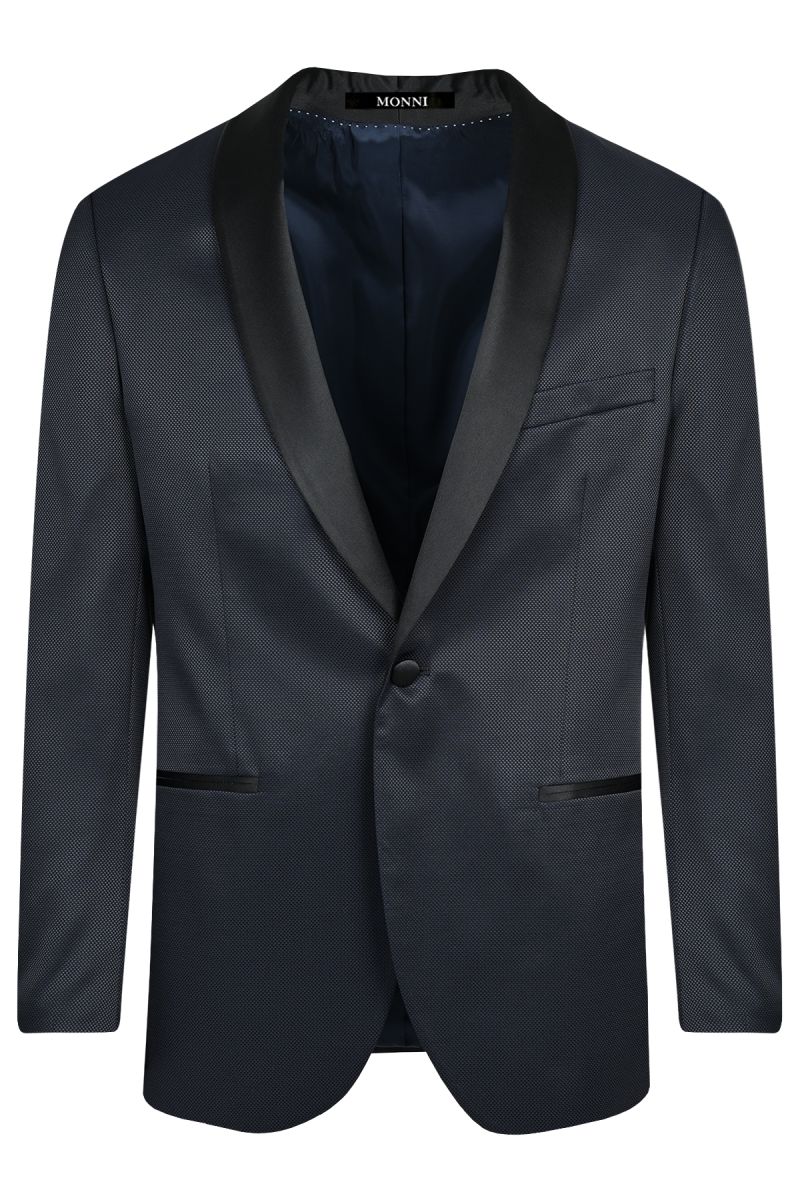 Мъжки официален костюм с шал яка в ситни тъмносини карета