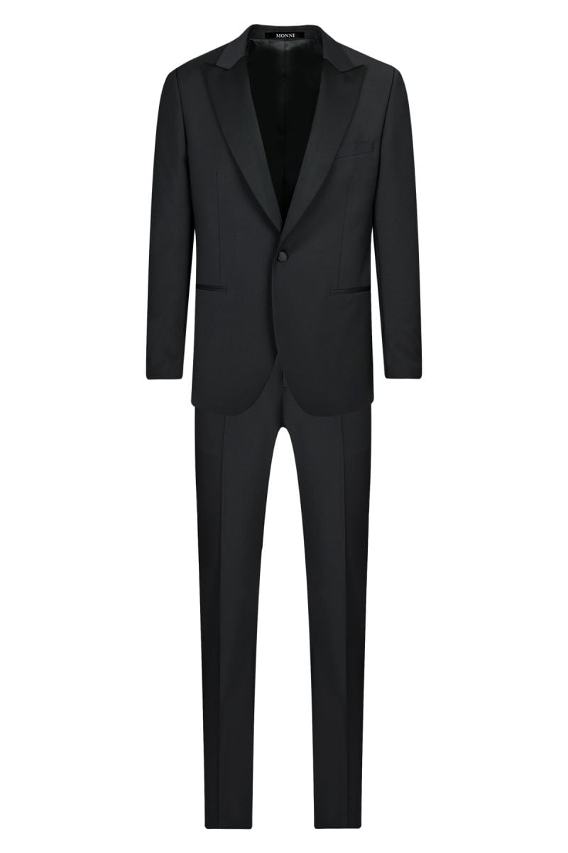 Мъжки втален официален костюм в черно със сатениран остър ревер