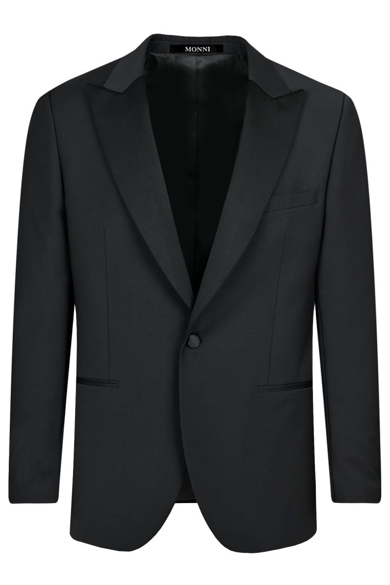 Мъжки втален официален костюм в черно със сатениран остър ревер