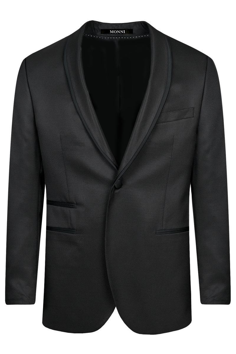 Мъжки официален костюм в черно с шал яка и сатенен кант 