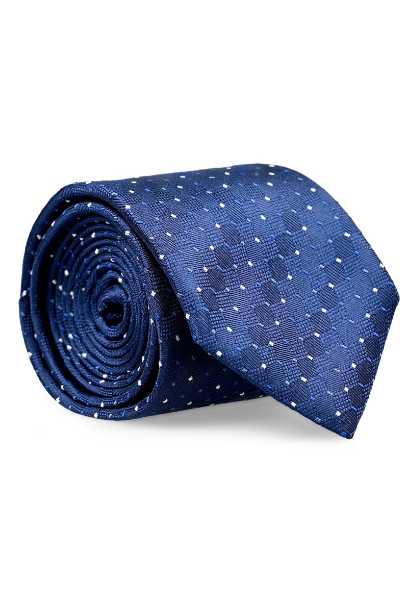 Класическа вратовръзка в тъмносиньо със ситни елементи в бяло и синьо.