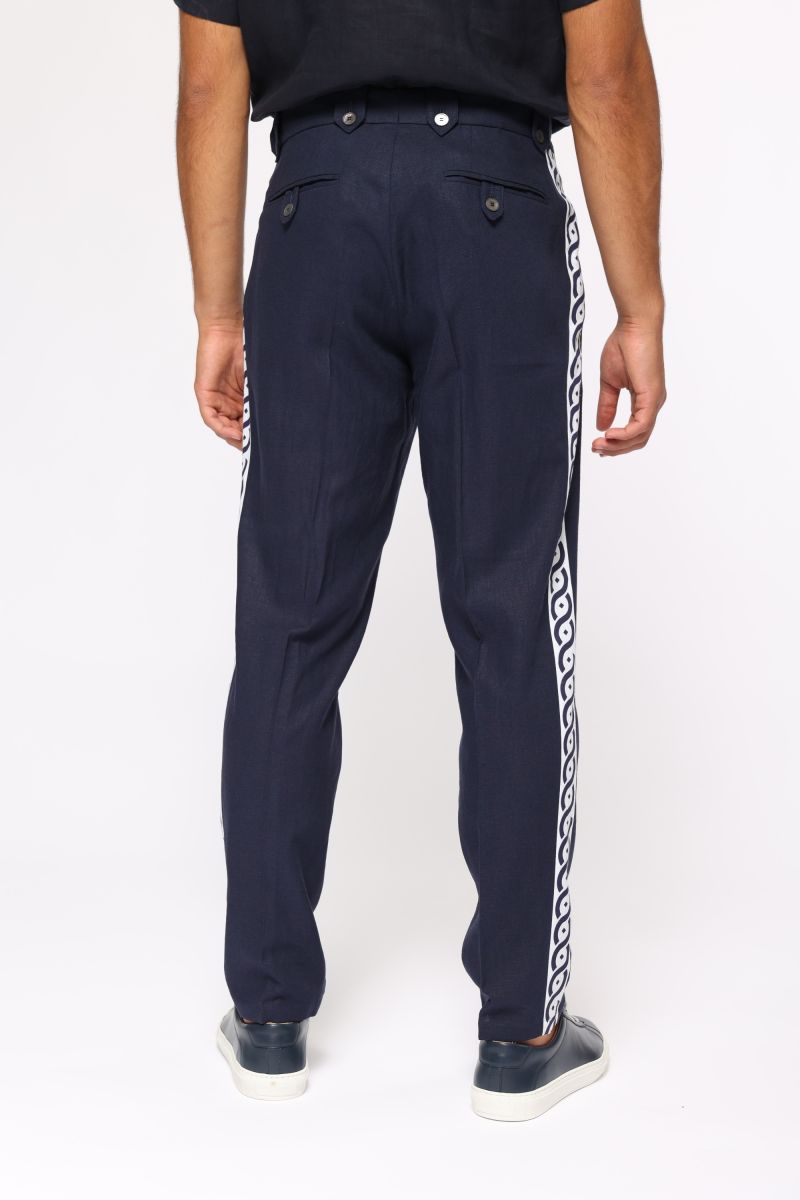 Мъжки тъмносин панталон с лого елементи от 100% лен