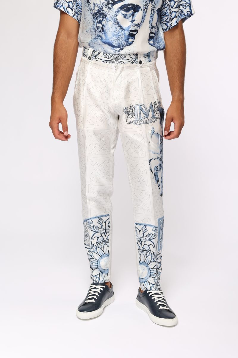 Мъжки ексклузивен бяло-син панталон с принт