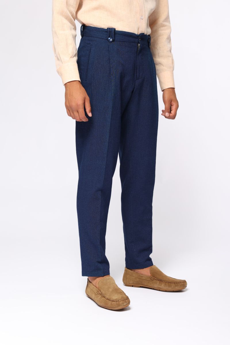 Тъмносин панталон в комбинация от премиум памук и лен 