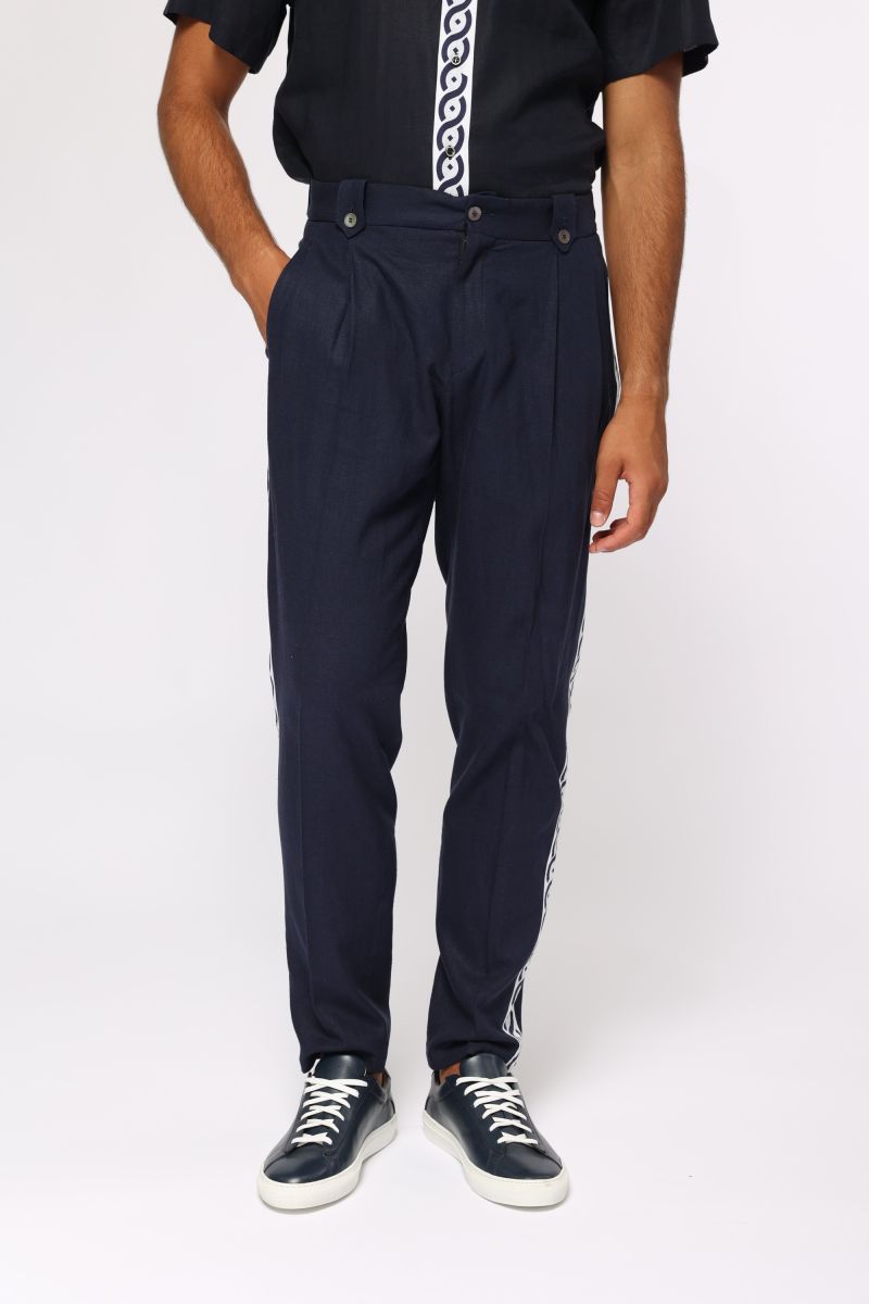 Мъжки тъмносин панталон с лого елементи от 100% лен