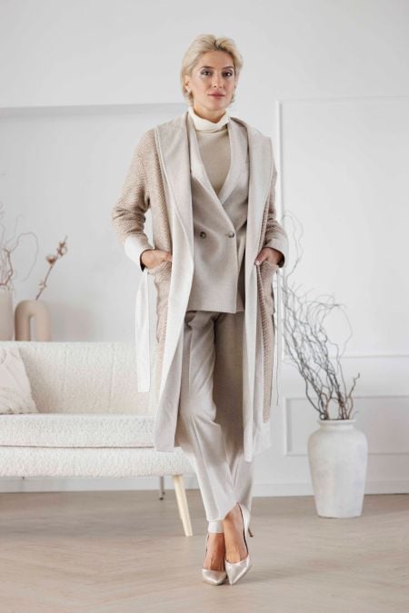 Дамска жилетка от трикотаж и букле със стилен дълъг силует от 100% вълнен плат