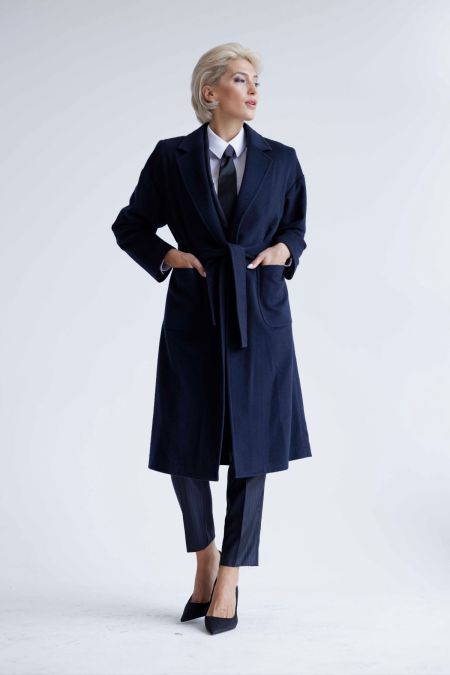 Дамско палто с кашмир и вълна, колан и външни джобове в тъмно синьо