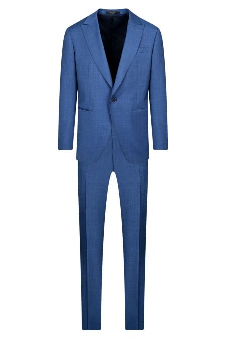 Мъжки официален костюм с едно копче и филетки в светлосиньо