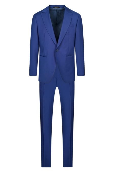 Мъжки официален костюм с едно копче и филетки в кралско синьо