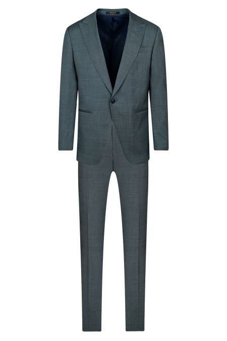 Мъжки официален костюм с едно копче и филетки в тъмно синьо-сиво 