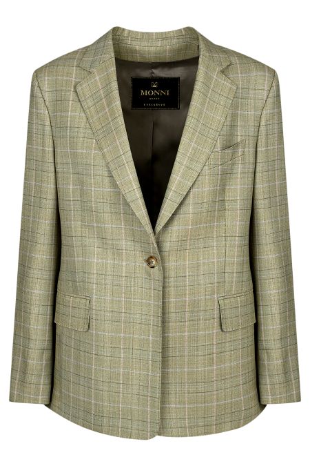 Свободно лятно дамско сако от памук и вълна в каре Principe Di Galles в бежово