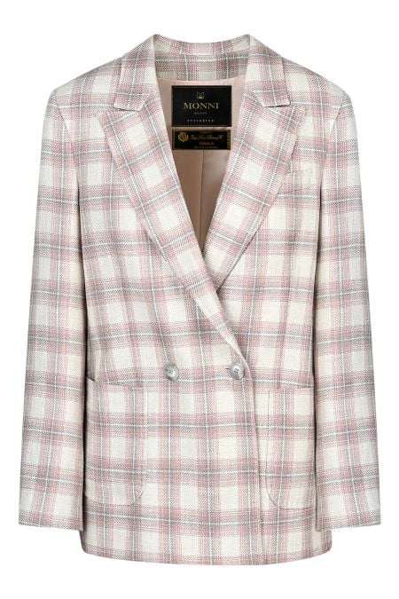 Луксозно двуредно карирано дамско сако с външни джобове