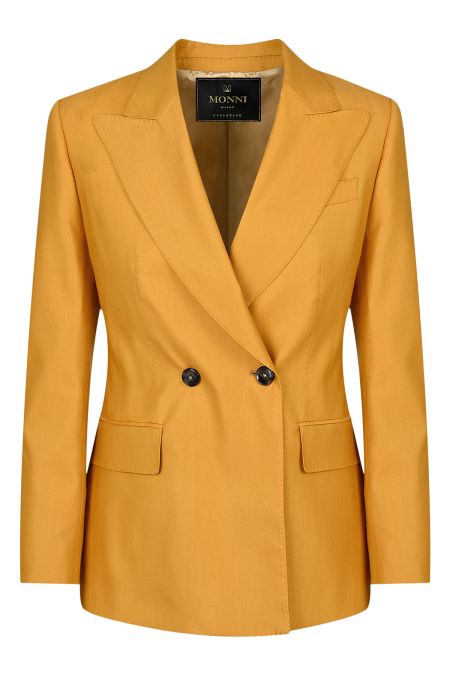Двуреден дамски костюм в цвят светла охра от вълна и еластан