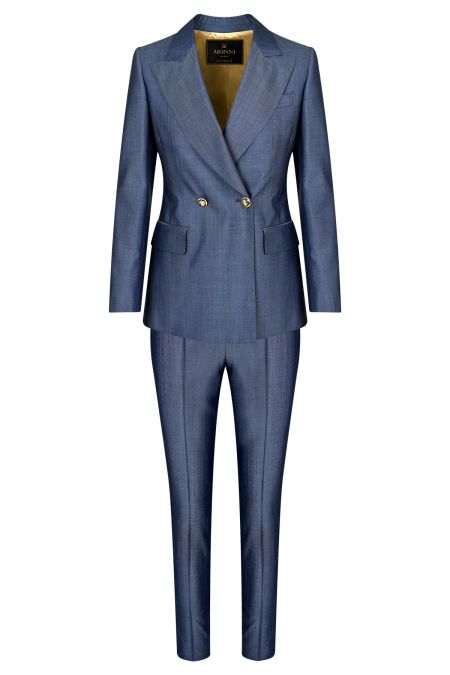 Двуреден, елегантен дамски костюм в структурен вълнен плат в тъмносин цвят