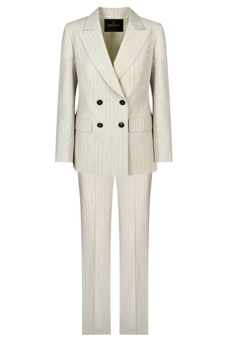 Раиран двуреден дамски костюм в цвят екрю от лен и памук