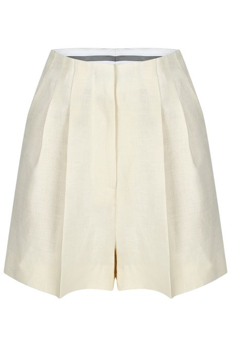 Дамски къси елегантни бермуди с баста от лен и вълна в екрю цвят 