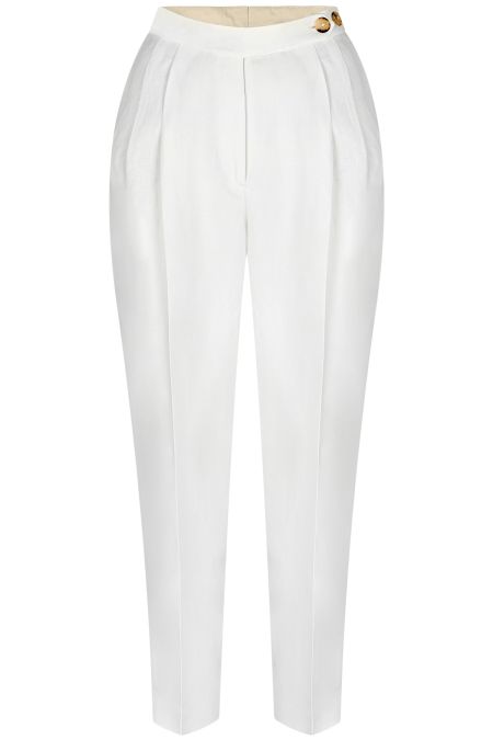 Ленен дамски панталон с басти и удължен колан в бял цвят 
