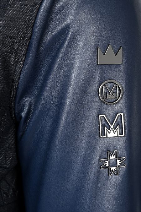 Кожено мъжко яке бомбър със силиконови щампи в тъмносин цвят