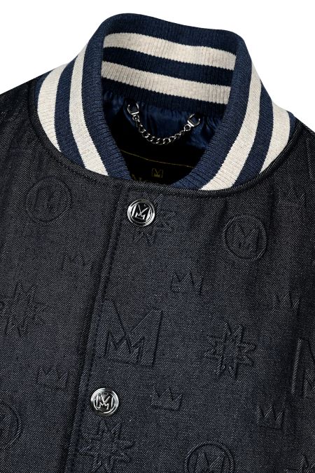 Стилно мъжко яке бомбър със силиконови щампи в тъмносин цвят