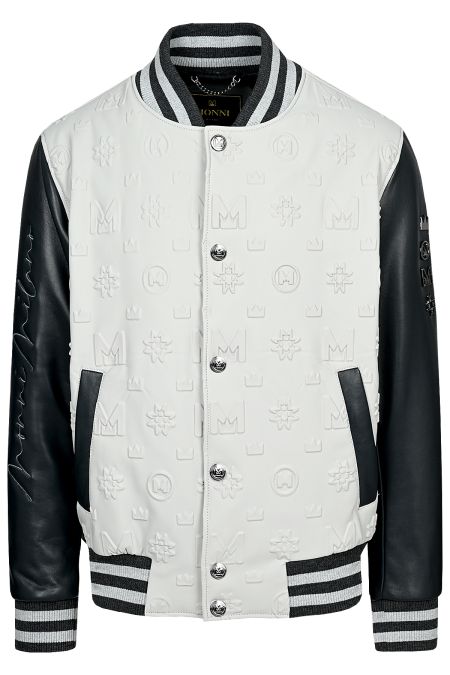 Луксозно мъжко яке бомбър в бяло със силиконови щампи и елементи в черно