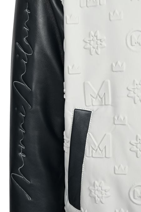 Мъжко яке бомбър в бяло със силиконови щампи и елементи в черно