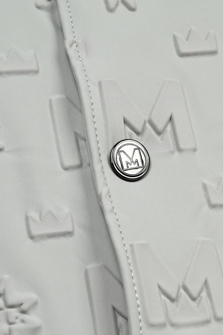 Кожено мъжко яке бомбър в бяло със силиконови щампи и елементи в черно