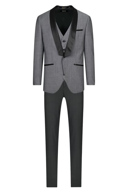 Официален костюм от вълна в сиво с контрастен шал-ревер от сатен в черно