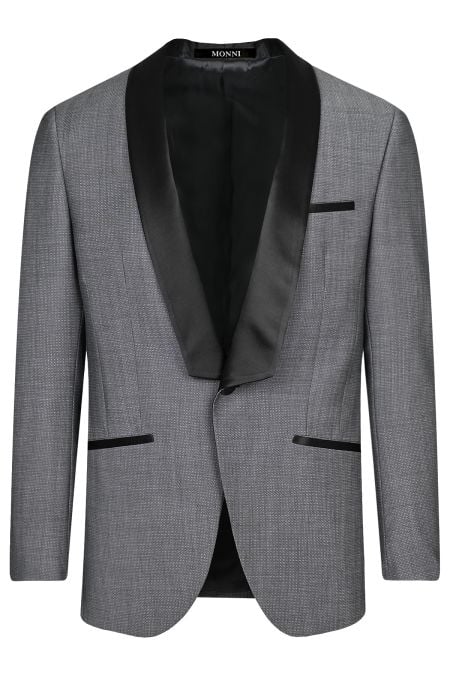 Костюм от вълна в сиво с контрастен шал-ревер от сатен в черно