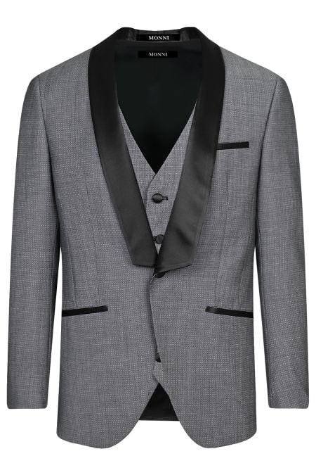 Мъжки костюм от вълна в сиво с контрастен шал-ревер от сатен в черно