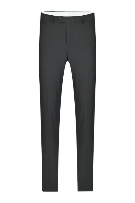 Официален мъжки костюм от вълна в сиво с контрастен шал-ревер от сатен в черно