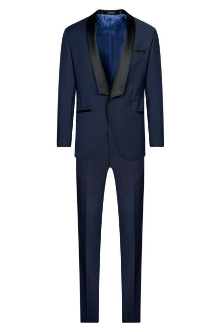 Официален костюм от вълна в тъмносин цвят с контрастен шал-ревер от сатен в черно