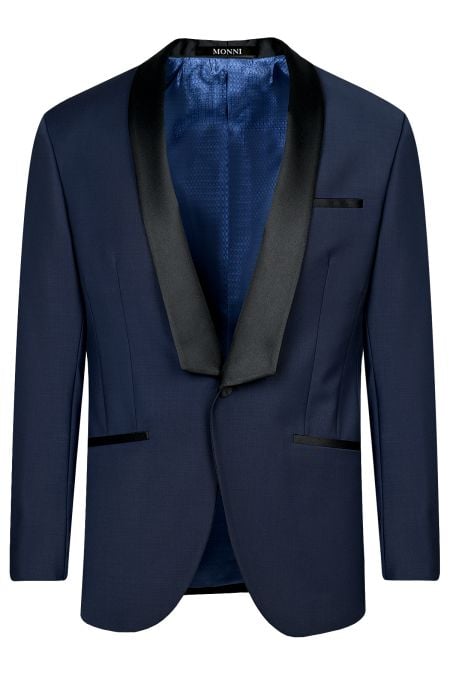Елегантен костюм от вълна в тъмносин цвят с контрастен шал-ревер от сатен в черно