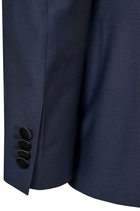 Мъжки официален костюм от вълна в тъмносин цвят с контрастен шал-ревер от сатен в черно