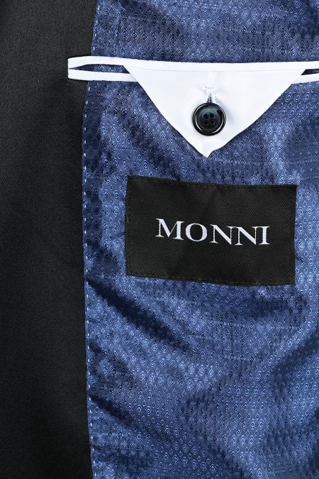 Мъжки елегантен костюм от вълна в тъмносин цвят с контрастен шал-ревер от сатен в черно