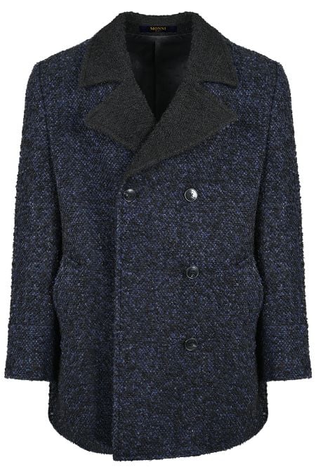 Мъжко двуредно палто от италиански плат букле в тъмносиньо