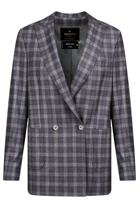 Елегантно дамско палто от 100% естествена вълна в лилаво и сиво каре