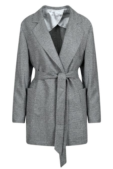 Елегантен дамски костюм от 100% естествена вълна с къса вталена пола в сив пепит