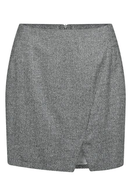 Класически дамски костюм от висококачествена вълна с вталена къса пола в сив пепит