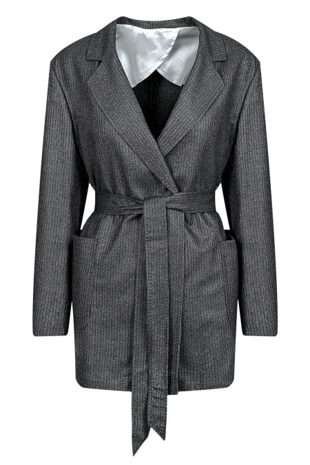 Луксозен дамски костюм от вълна с къса силуетна пола в тъмносив пепит