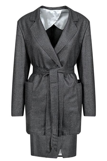 Дамски елегантен костюм от 100% вълна с къса вталена пола в тъмно сив пепит 