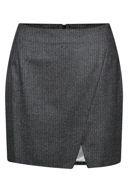 Дамски изискан костюм от чиста вълна с къса, вталена пола в тъмносив пепит