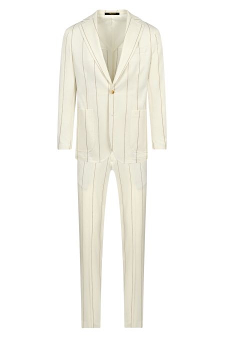 Мъжки луксозен втален костюм в екрю с райе с лен и памук