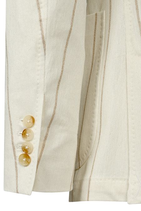 Мъжки костюм в екрю с райе с лен и памук