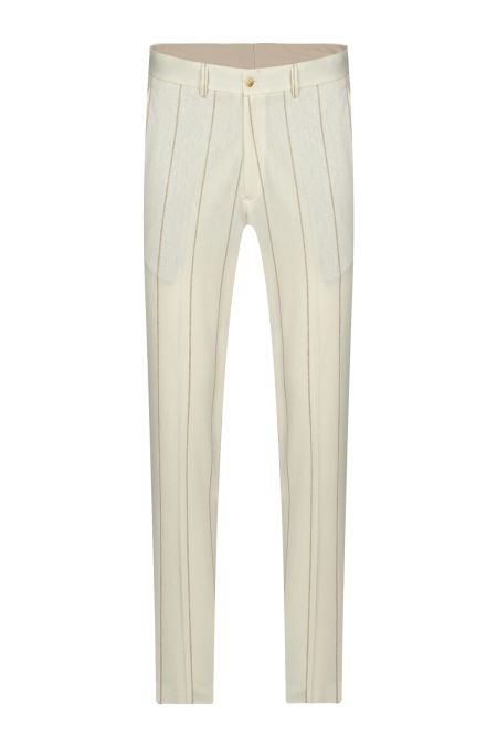 Втален мъжки костюм в екрю с райе от лен и памук