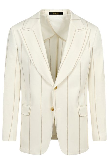 Мъжки дизайнерски костюм в екрю с райе с лен и памук