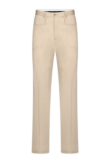 Двуреден мъжки костюм в бежово, създаден от първокласно италианско памучно трико за максимален комфорт и стил