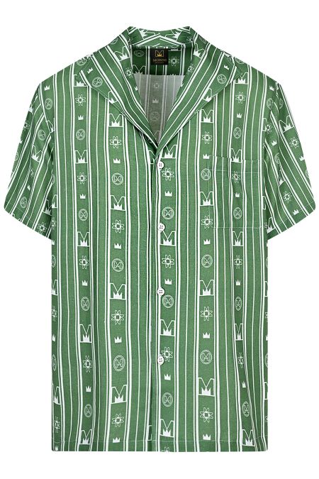 Мъжка луксозна риза с къс ръкав от лен в десен Green Logos
