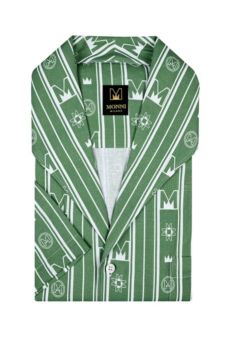 Луксозна риза с къс ръкав от лен в десен Green Logos
